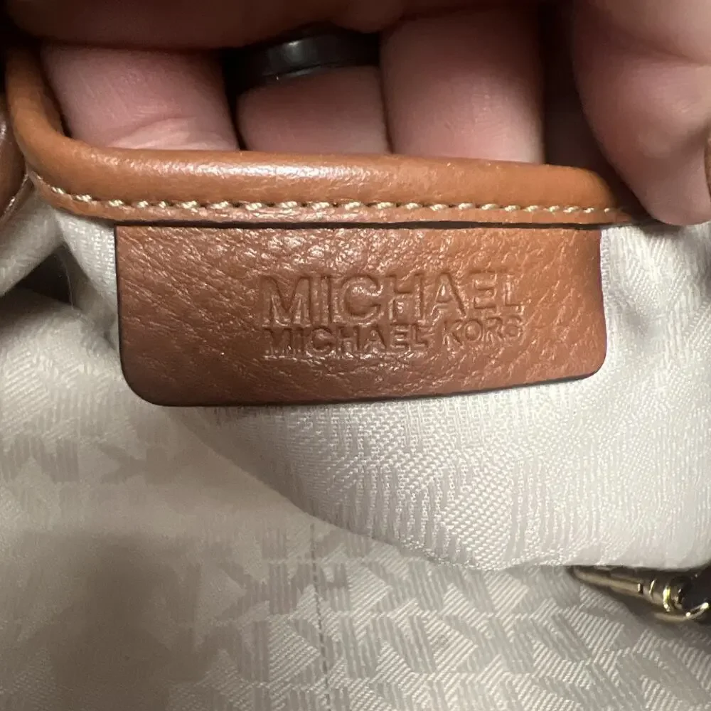 Michael Kors Marina East West Drawstring Tote in Coral Canvas & Tan Leather
